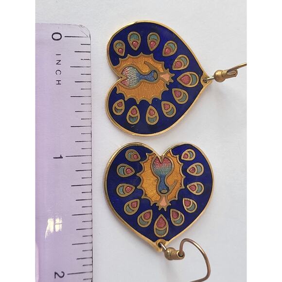 Cloisonne Peacock Earrings Deep Blue Enamel Pierced Beautiful! - Picture 5 of 5